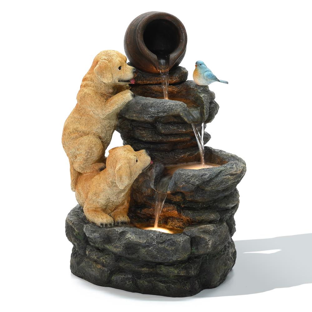 Puppy Rock Tower Farmhouse Resin Outdoor Fountain with Lights. Picture 1