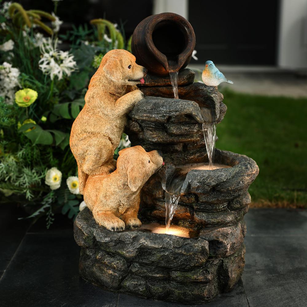 Puppy Rock Tower Farmhouse Resin Outdoor Fountain with Lights. Picture 5