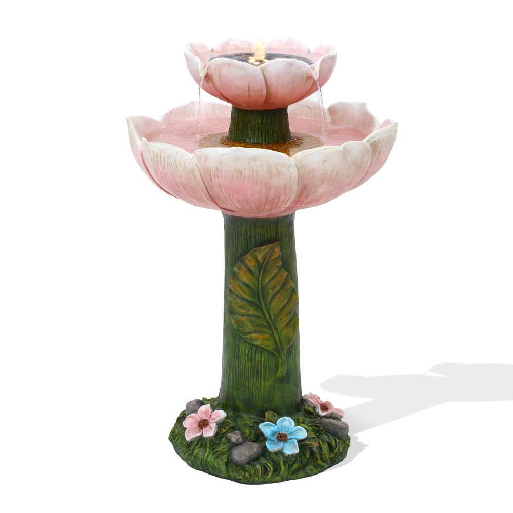 Solar Powered Pink Flower 2-Tier Resin Birdbath Fountain with Lights. Picture 1
