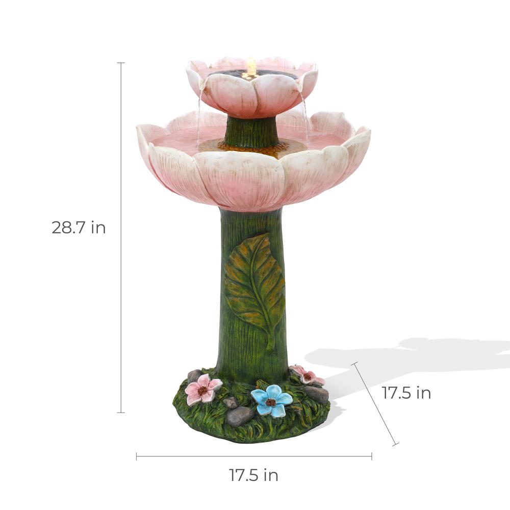 Solar Powered Pink Flower 2-Tier Resin Birdbath Fountain with Lights. Picture 9