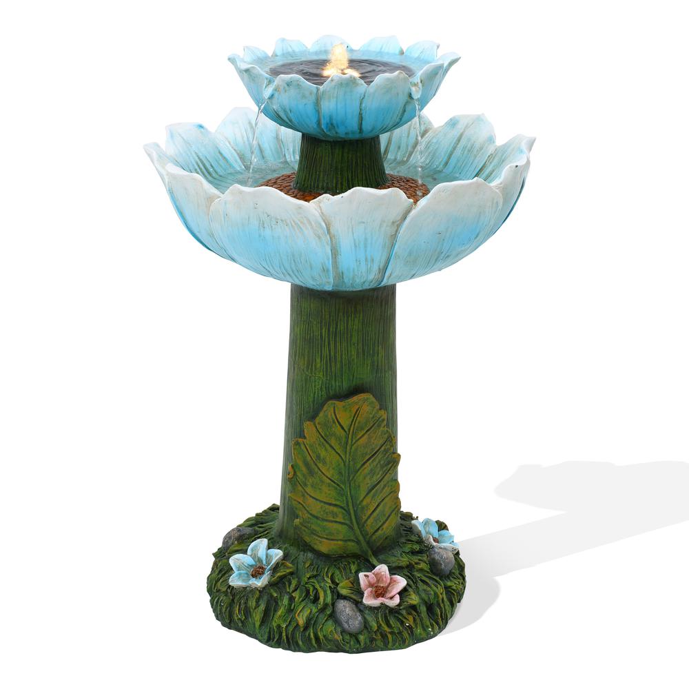 Solar Powered Blue Flower 2-Tier Resin Birdbath Fountain with Lights. Picture 1