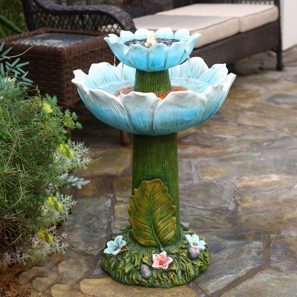 Solar Powered Blue Flower 2-Tier Resin Birdbath Fountain with Lights. Picture 5