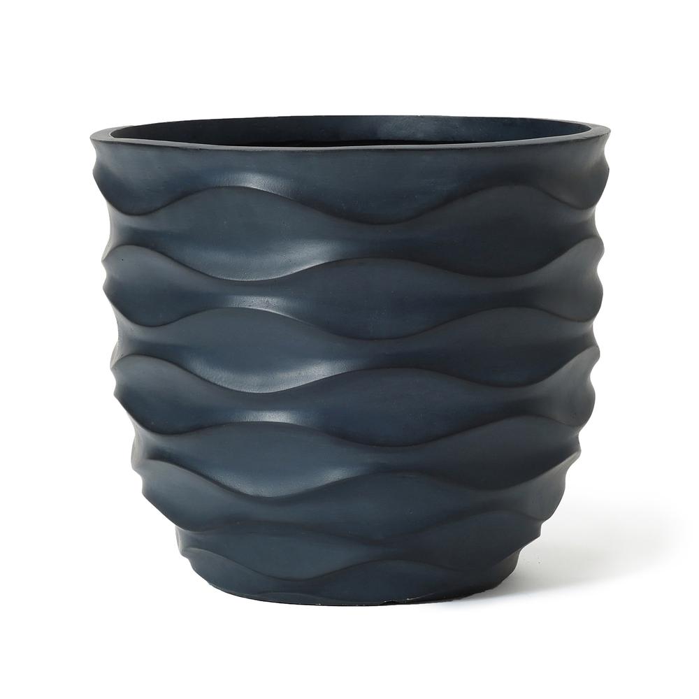 13.4-Inch Round Black Waves MgO Planter. Picture 1
