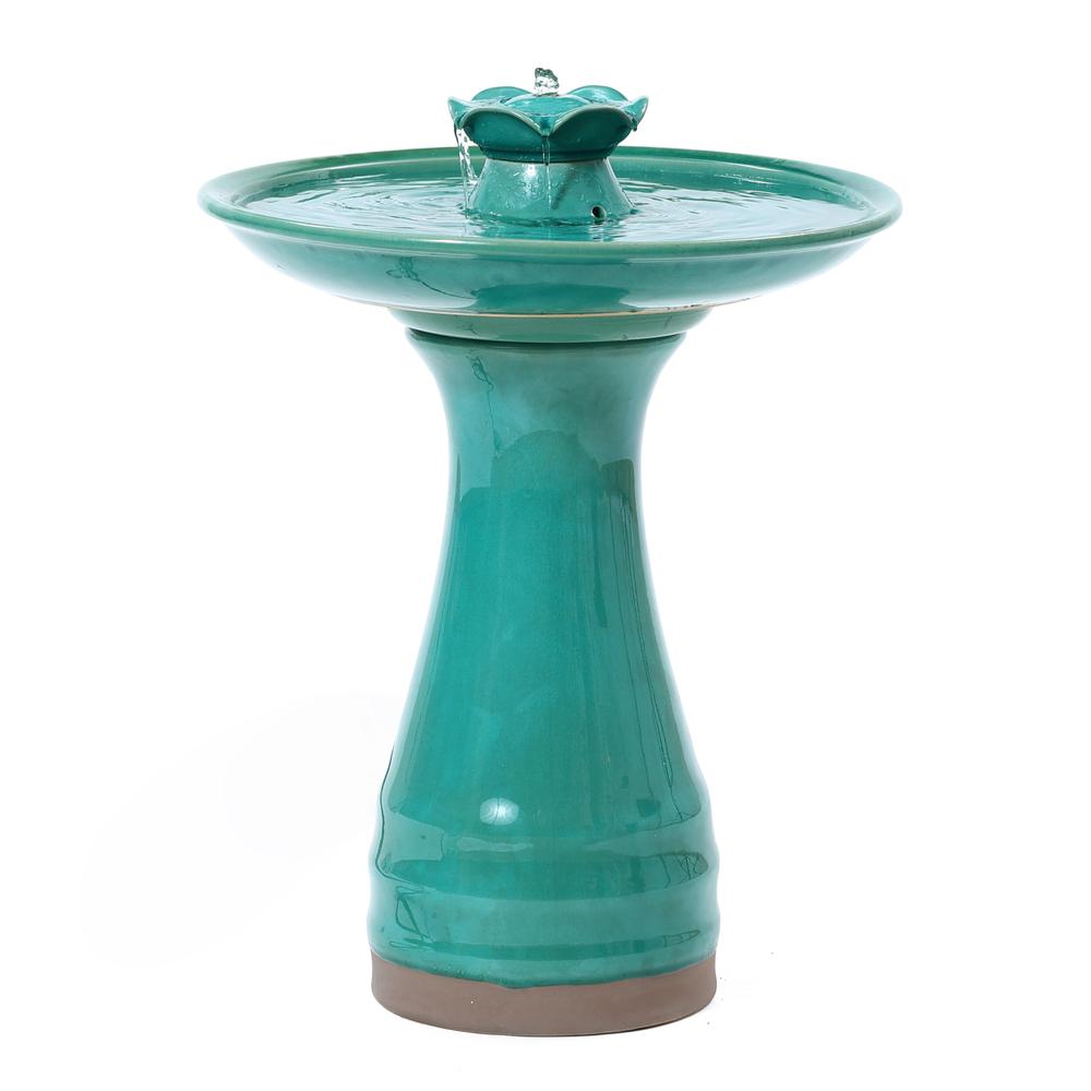Aqua Glazed Ceramic 22-In Tall Birdbath Fountain. Picture 1