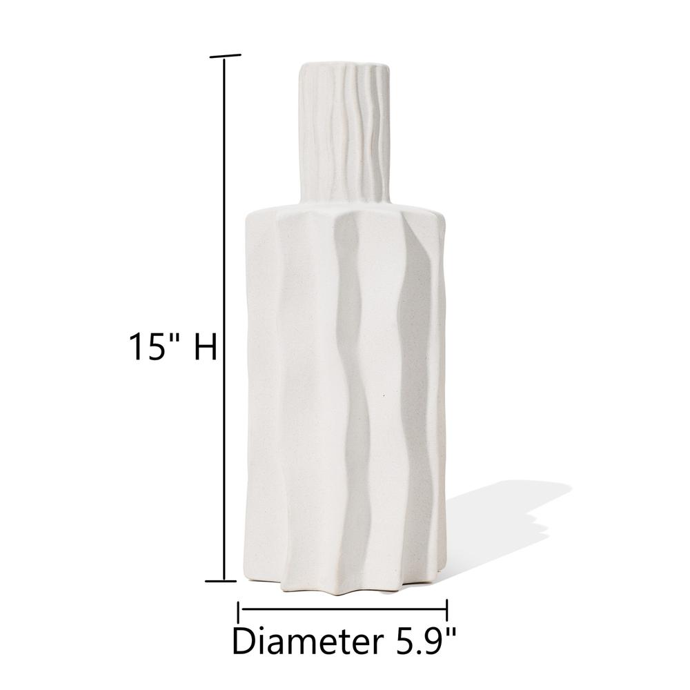 White Fluted 15-Inch Tall Stoneware Table Vase. Picture 8