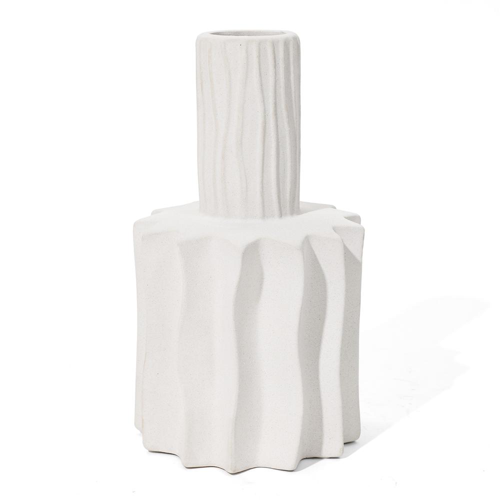 White Fluted 11.8-Inch Tall Stoneware Table Vase. Picture 1