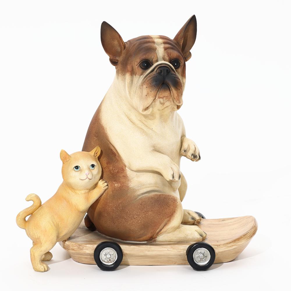 Kitten and Dog with Skateboard Sculpture Resin Statue, Indoor and Outdoor. Picture 1