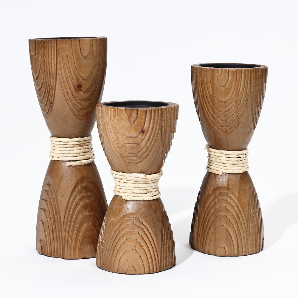 3-Piece Pine Wood with Rattan Pillar Candle Holder Set. Picture 1