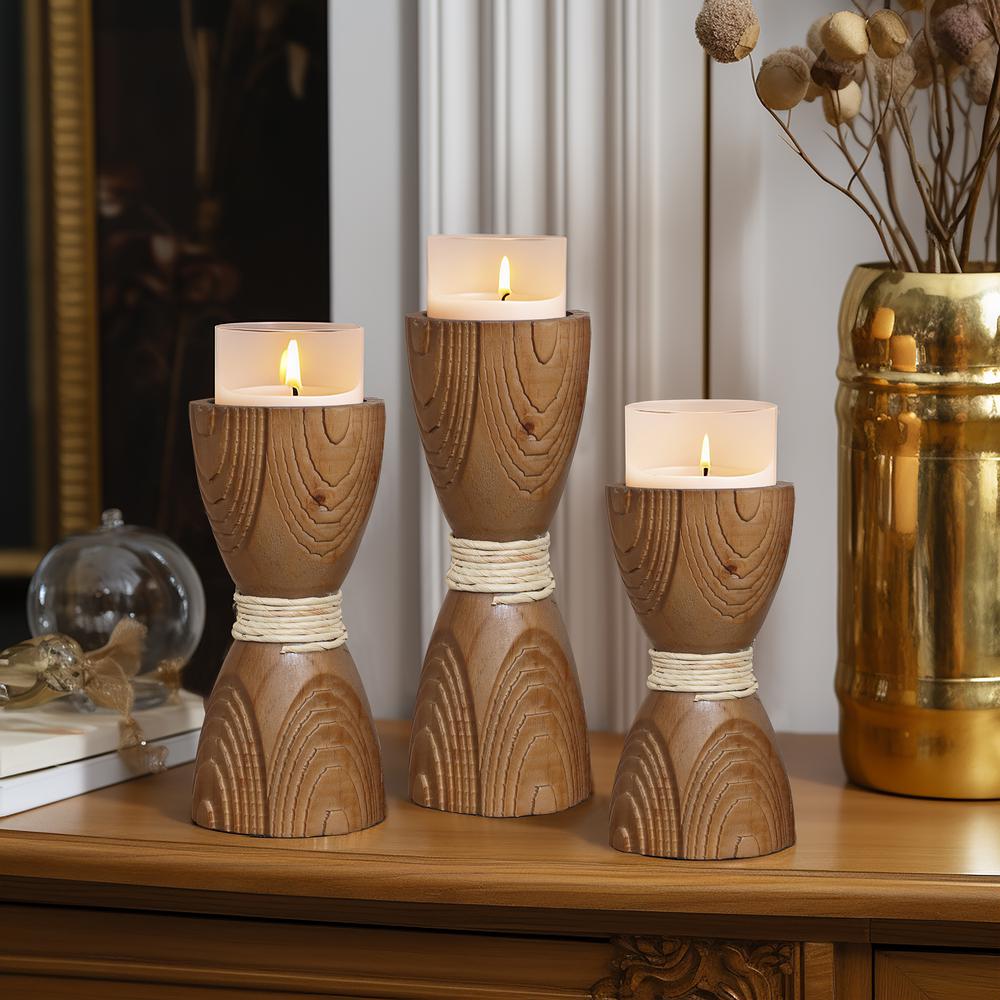 3-Piece Pine Wood with Rattan Pillar Candle Holder Set. Picture 6