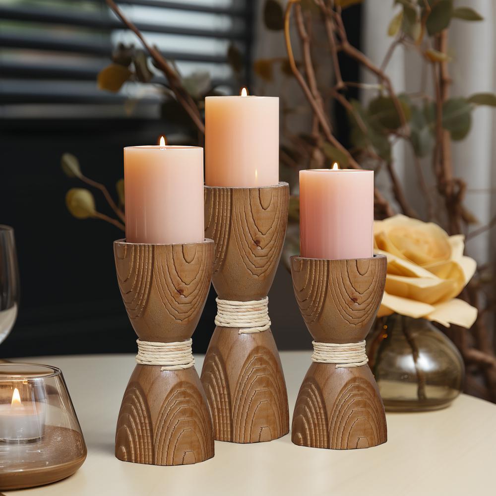 3-Piece Pine Wood with Rattan Pillar Candle Holder Set. Picture 8
