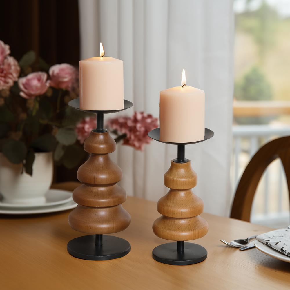2-Piece Birch Wood with Metal Pillar Candle Holder Set. Picture 7