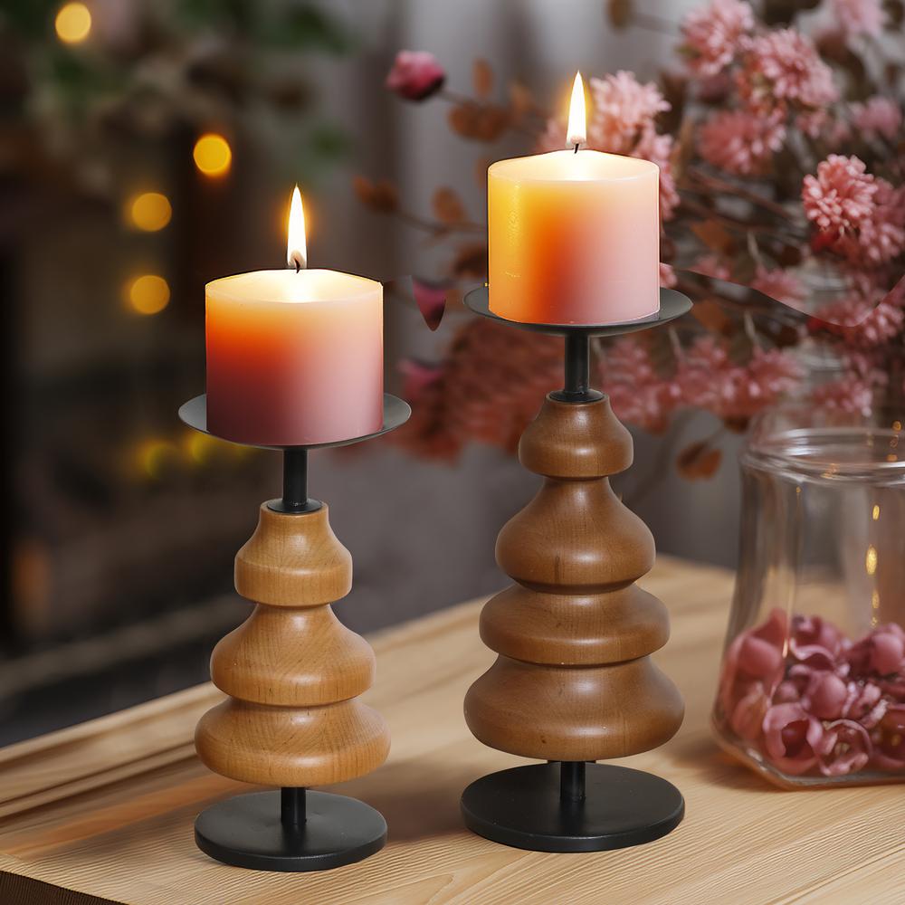 2-Piece Birch Wood with Metal Pillar Candle Holder Set. Picture 8