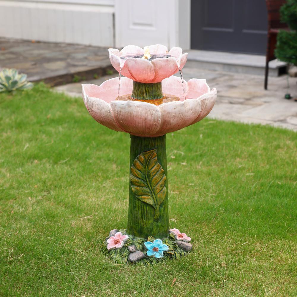 Solar Powered Pink Flower 2-Tier Resin Birdbath Fountain with Lights. Picture 5