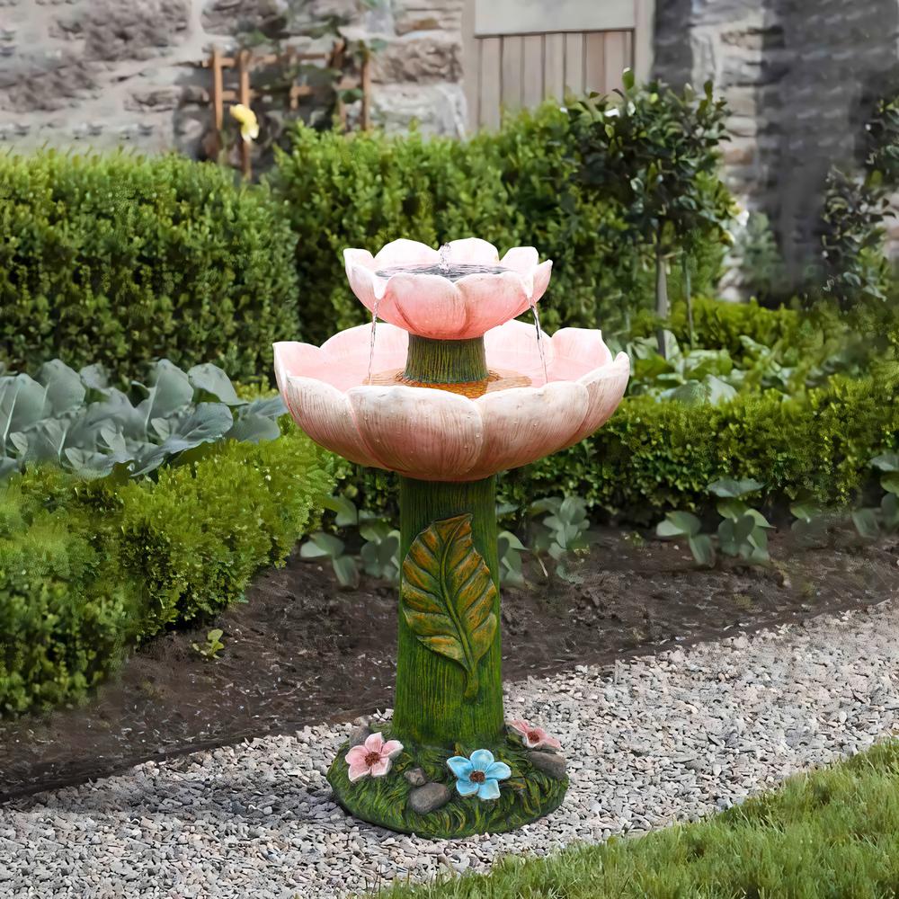 Solar Powered Pink Flower 2-Tier Resin Birdbath Fountain with Lights. Picture 7