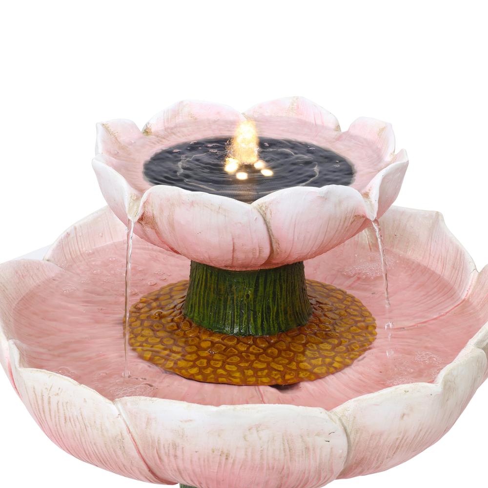 Solar Powered Pink Flower 2-Tier Resin Birdbath Fountain with Lights. Picture 3