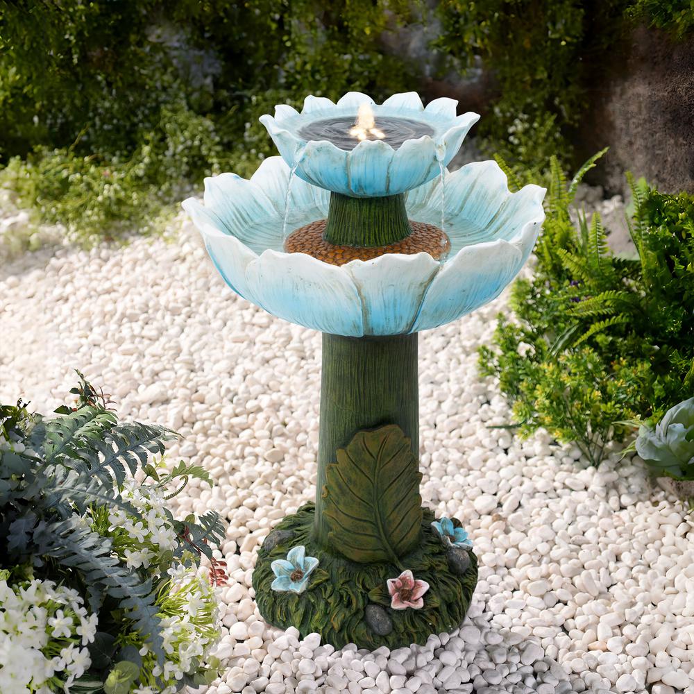 Solar Powered Blue Flower 2-Tier Resin Birdbath Fountain with Lights. Picture 6