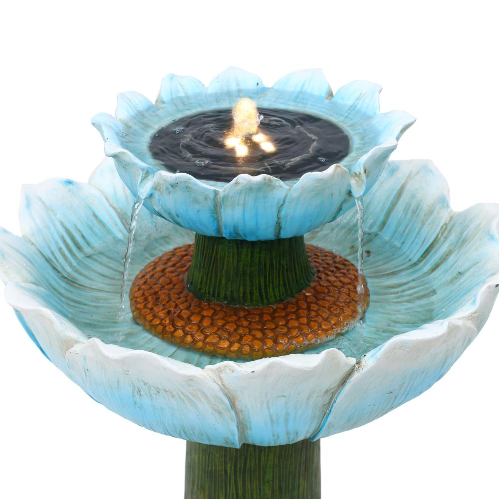 Solar Powered Blue Flower 2-Tier Resin Birdbath Fountain with Lights. Picture 2