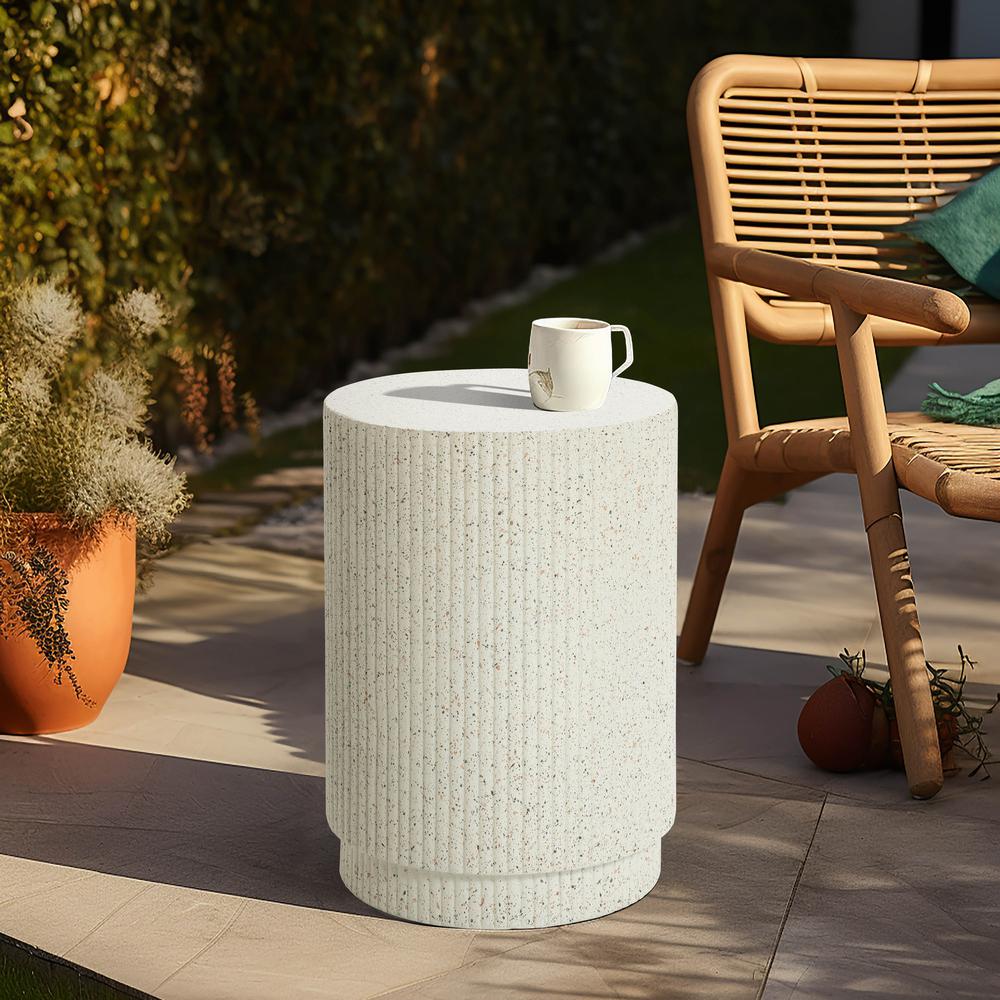 Ivory White Cement Round Outdoor Side Table. Picture 7