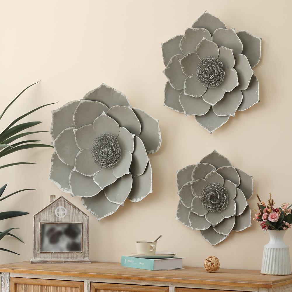 Three Piece Gray Metal Flower Wall Decor. Picture 11