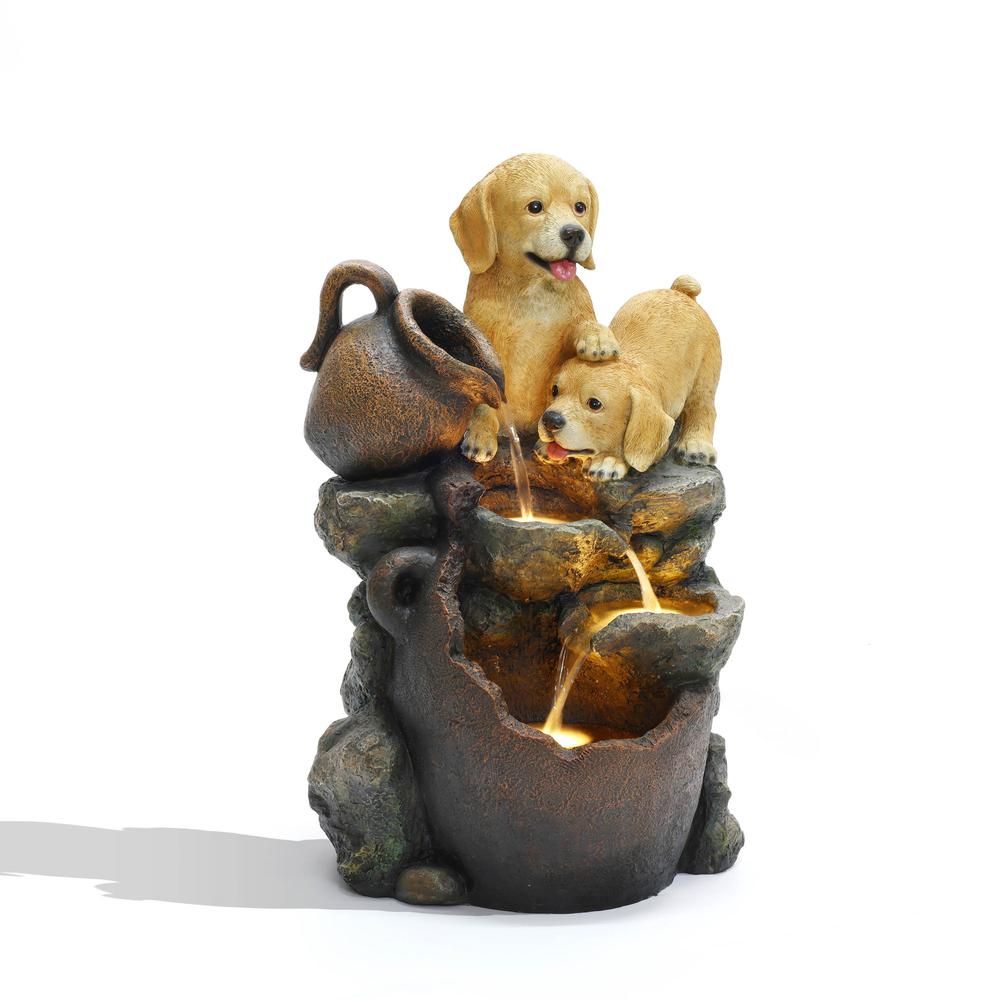 Puppy Friends Farmhouse Resin Outdoor Fountain with Lights. Picture 1