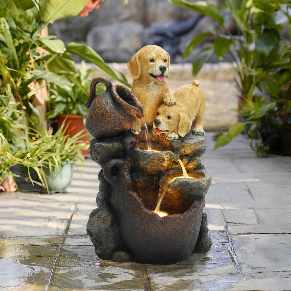 Puppy Friends Farmhouse Resin Outdoor Fountain with Lights. Picture 4