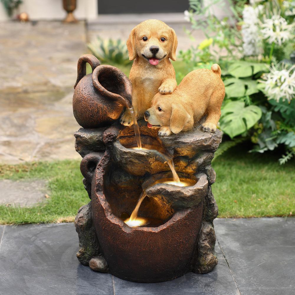 Puppy Friends Farmhouse Resin Outdoor Fountain with Lights. Picture 5