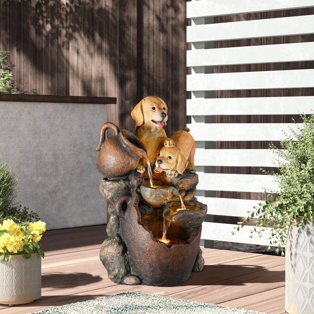 Puppy Friends Farmhouse Resin Outdoor Fountain with Lights. Picture 6