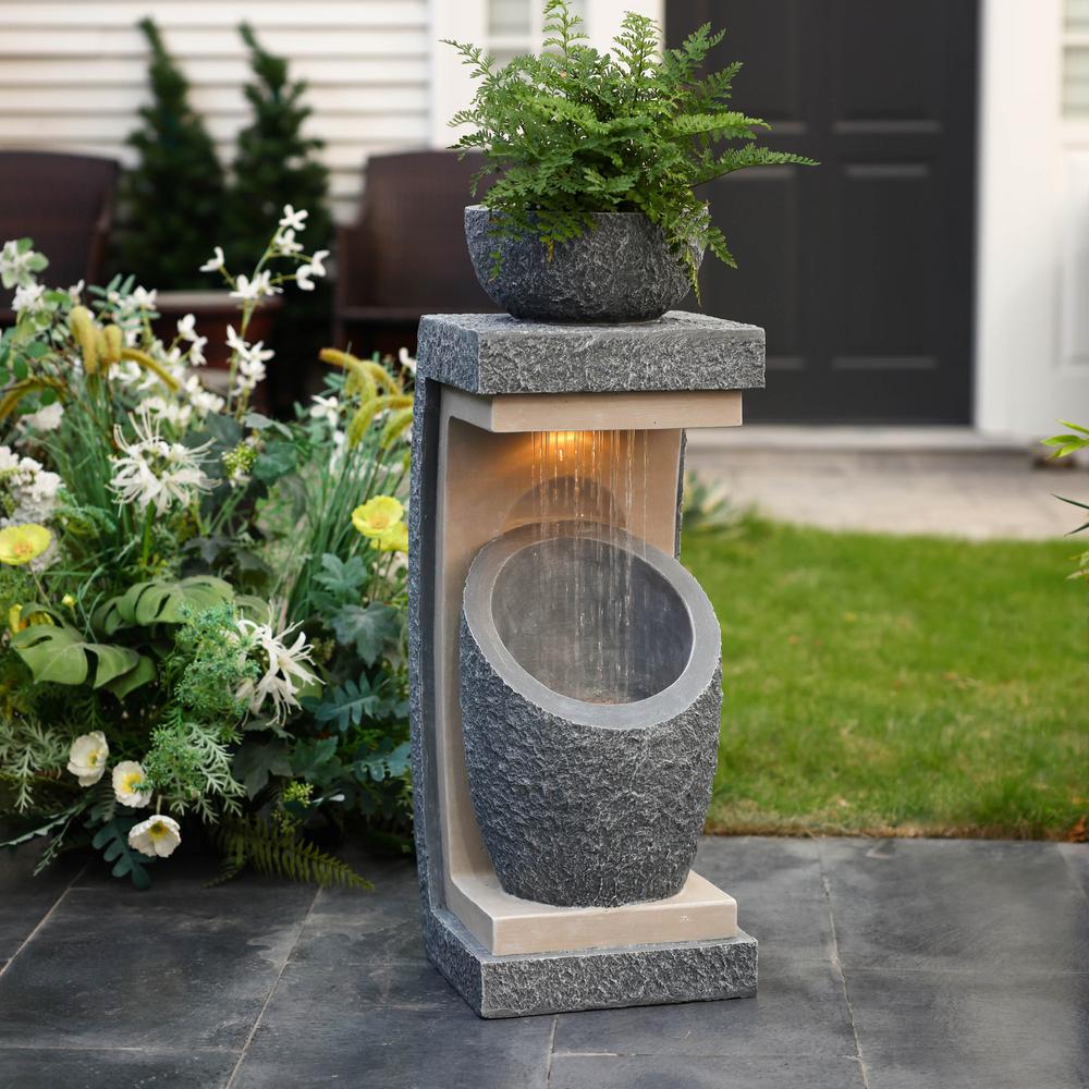 Gray Resin Column and Bowl Sculpture Outdoor Fountain with Lights. Picture 4