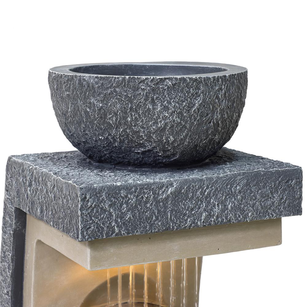 Gray Resin Column and Bowl Sculpture Outdoor Fountain with Lights. Picture 2