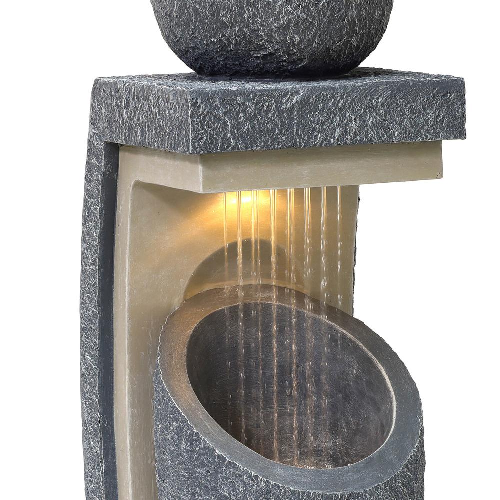 Gray Resin Column and Bowl Sculpture Outdoor Fountain with Lights. Picture 3