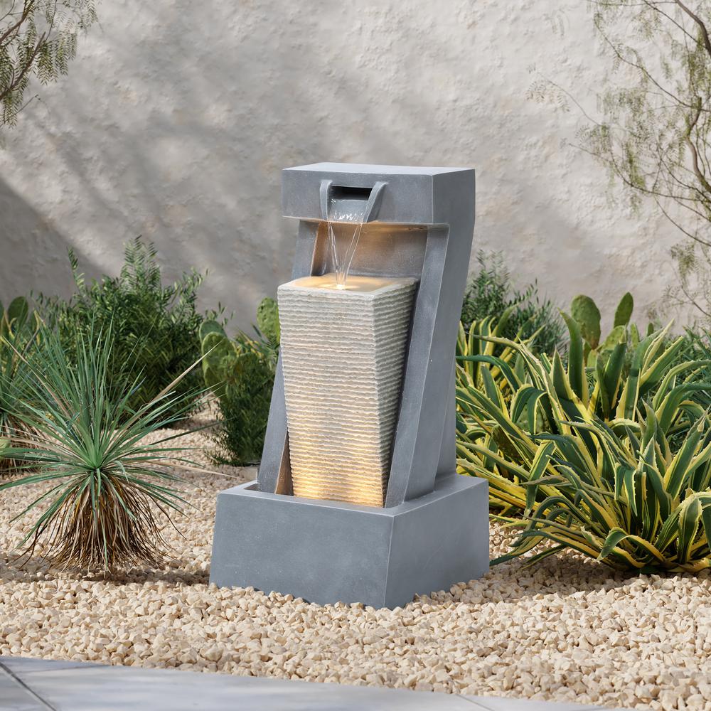 Gray Resin 2-Column Sculpture Outdoor Fountain with Lights. Picture 3