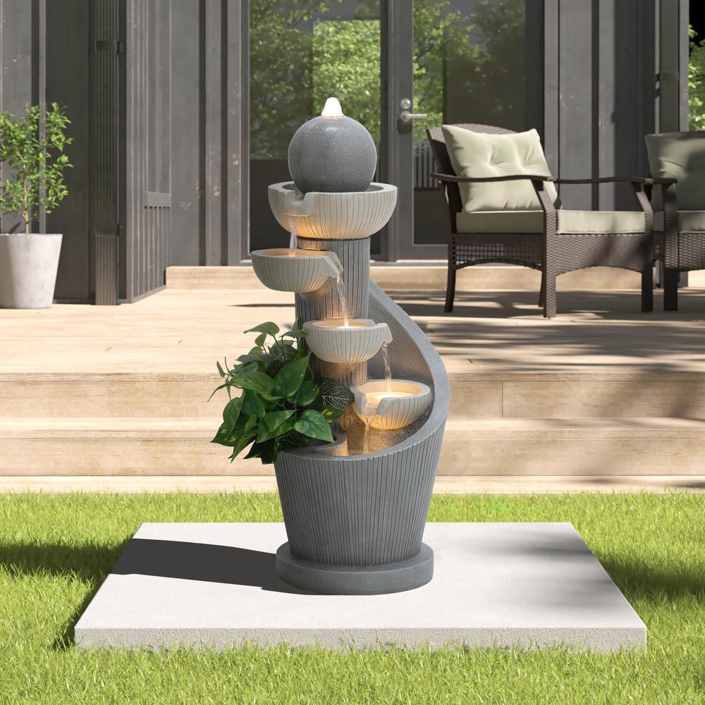 Gray Resin Spiral Sculpture with Bubbler 5-Tier Outdoor Fountain with Lights. Picture 6