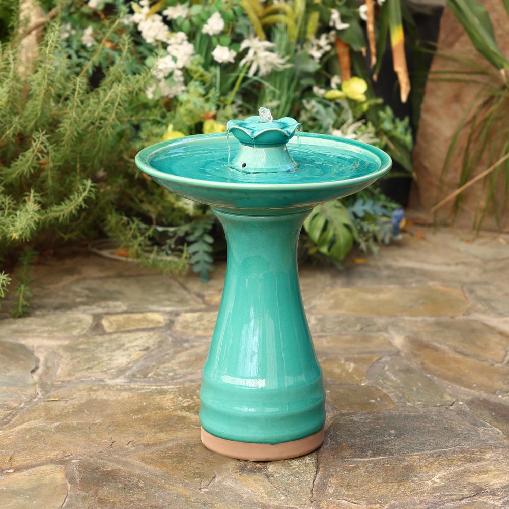 Aqua Glazed Ceramic 22-In Tall Birdbath Fountain. Picture 6
