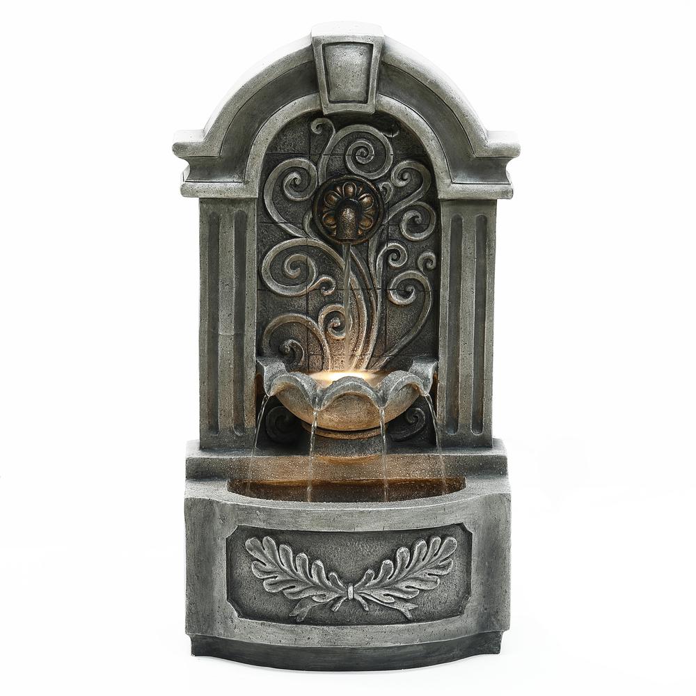 29.7" H Gray Resin Elegant Wall Freestanding Outdoor Water Fountain with Lights. Picture 1