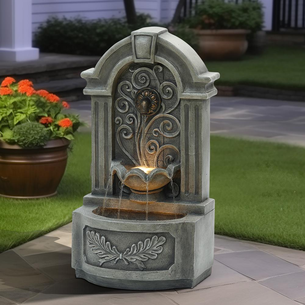 29.7" H Gray Resin Elegant Wall Freestanding Outdoor Water Fountain with Lights. Picture 4
