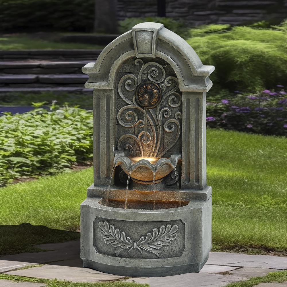 29.7" H Gray Resin Elegant Wall Freestanding Outdoor Water Fountain with Lights. Picture 5