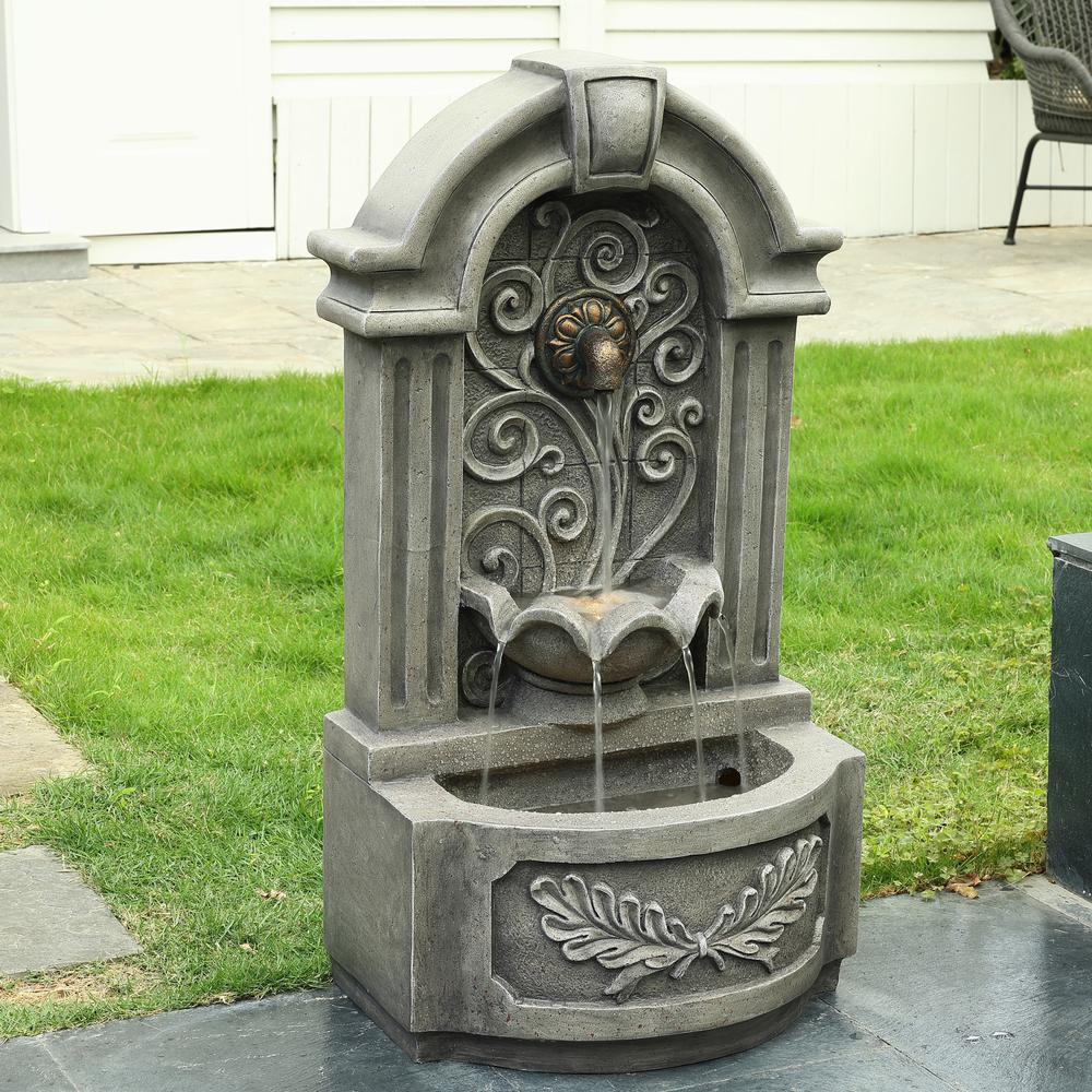 29.7" H Gray Resin Elegant Wall Freestanding Outdoor Water Fountain with Lights. Picture 6