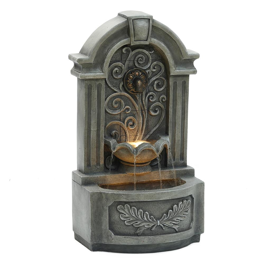 29.7" H Gray Resin Elegant Wall Freestanding Outdoor Water Fountain with Lights. Picture 2