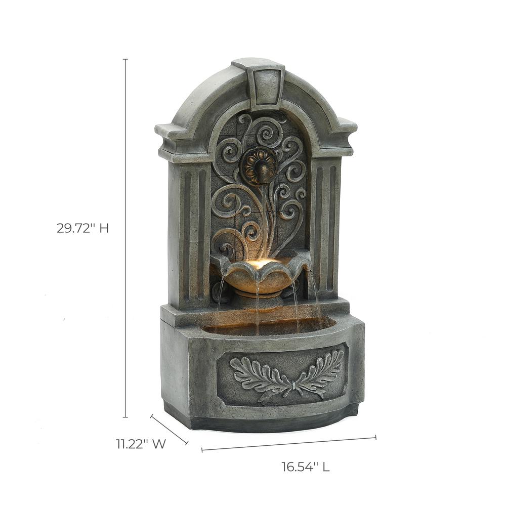 29.7" H Gray Resin Elegant Wall Freestanding Outdoor Water Fountain with Lights. Picture 9