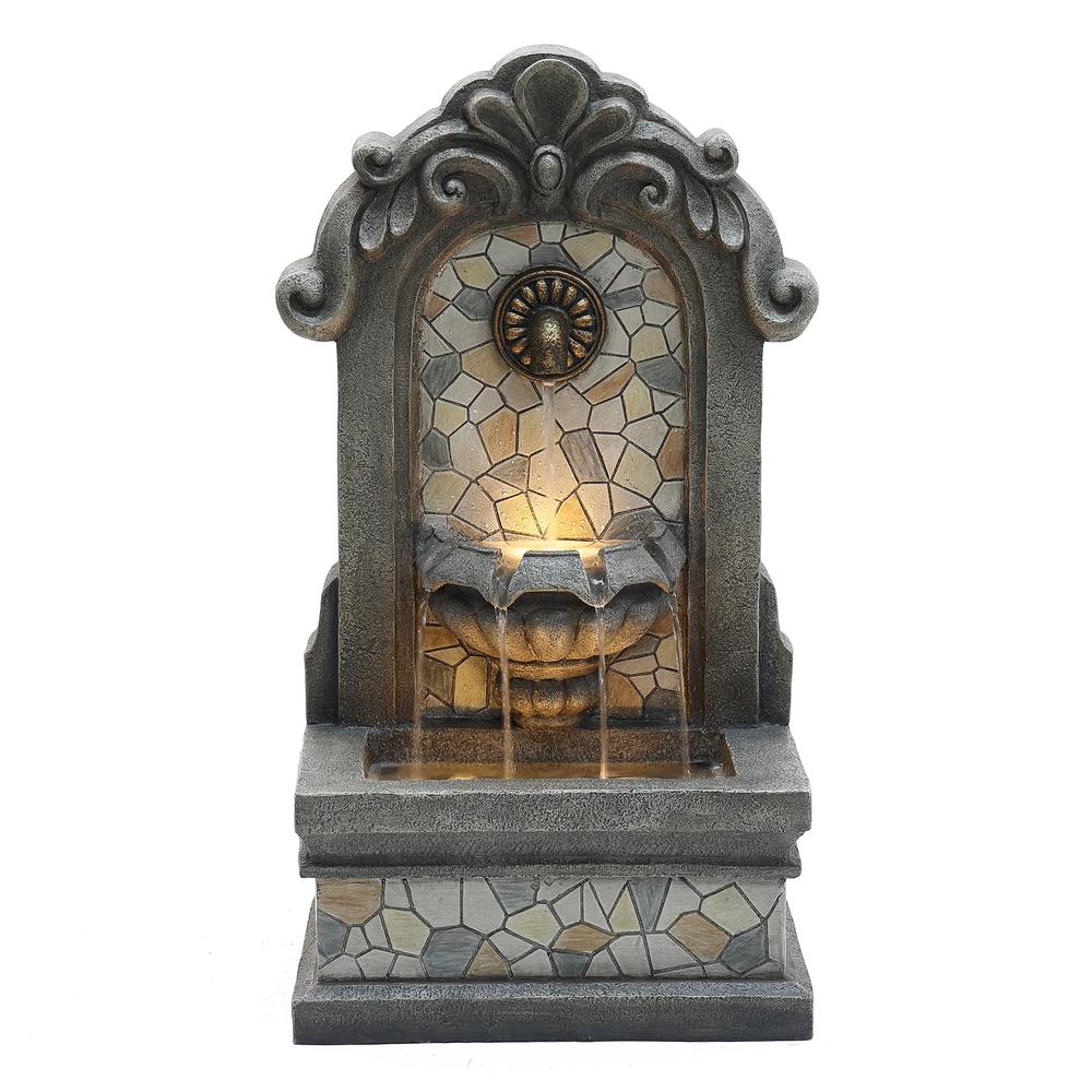 27" H Gray Resin Mosaic Wall Freestanding Outdoor Water Fountain with Lights. Picture 2