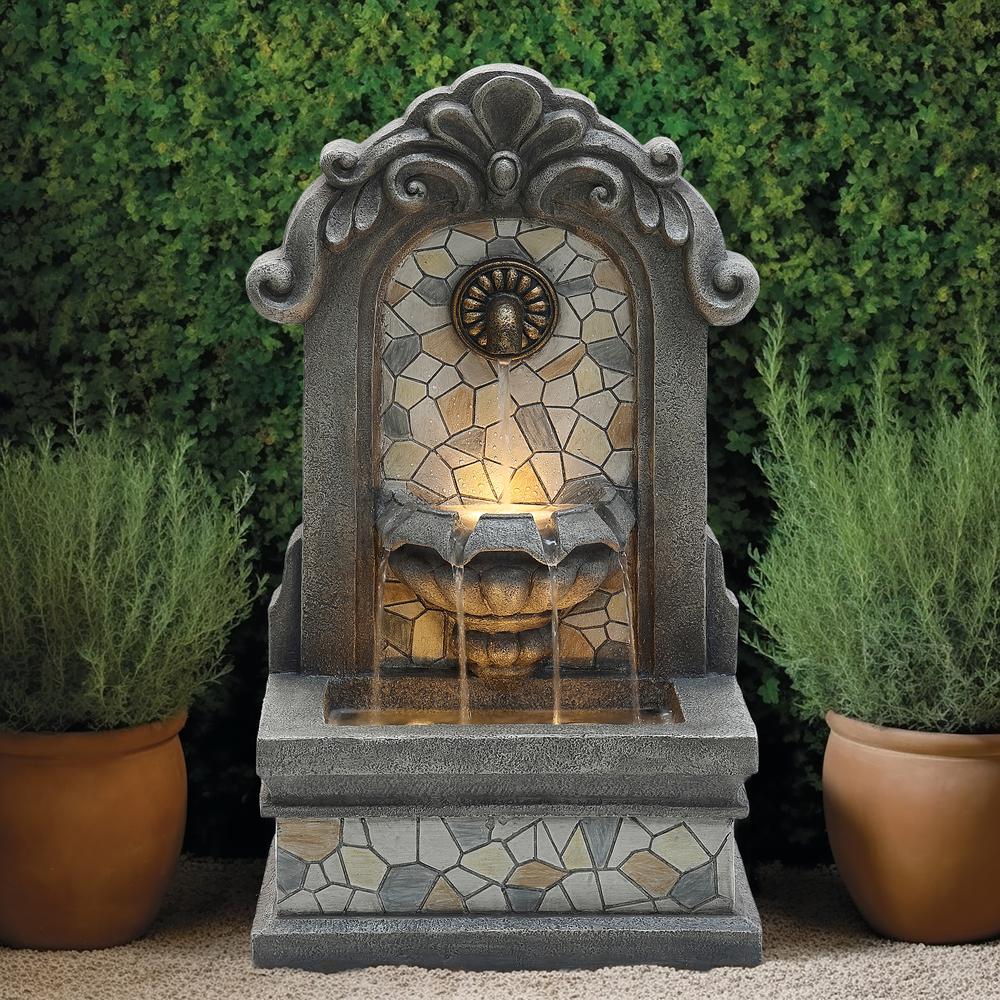27" H Gray Resin Mosaic Wall Freestanding Outdoor Water Fountain with Lights. Picture 6