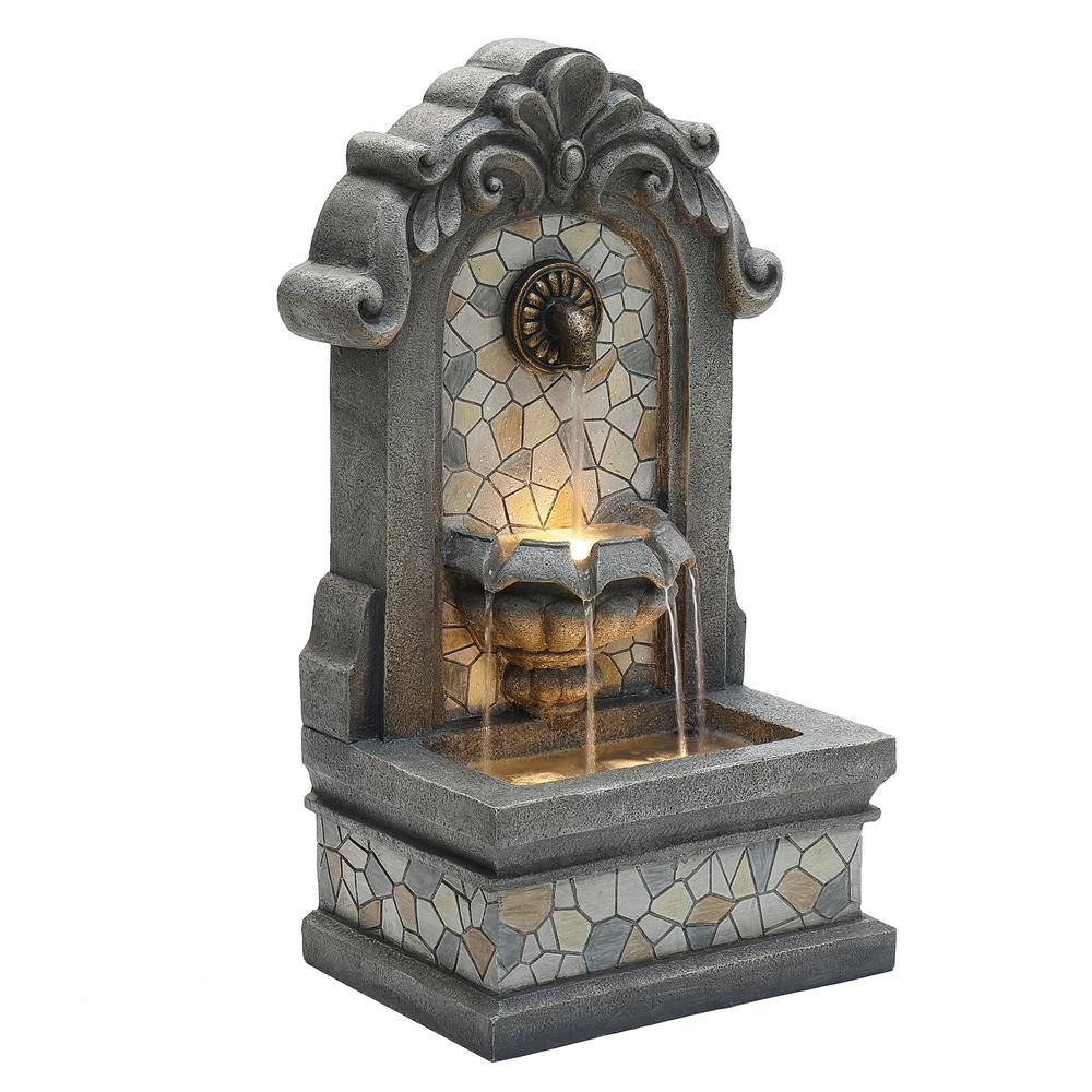 27" H Gray Resin Mosaic Wall Freestanding Outdoor Water Fountain with Lights. Picture 1
