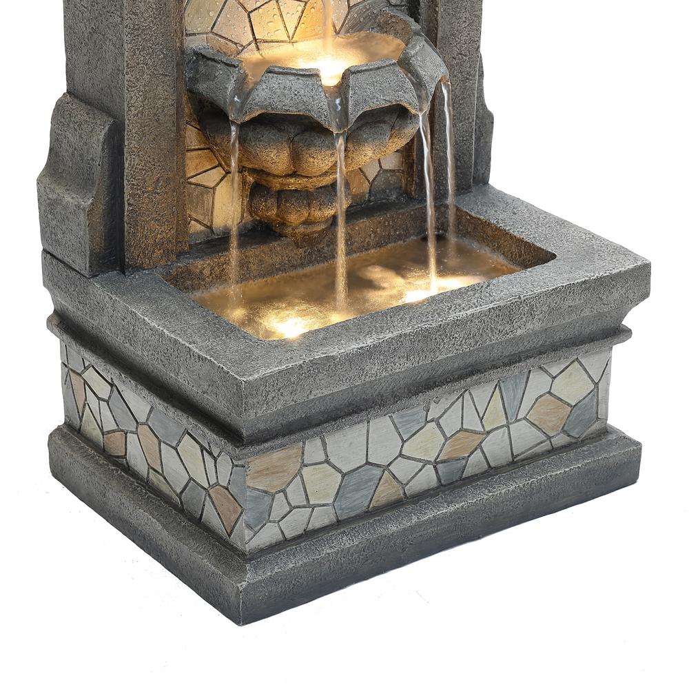 27" H Gray Resin Mosaic Wall Freestanding Outdoor Water Fountain with Lights. Picture 8