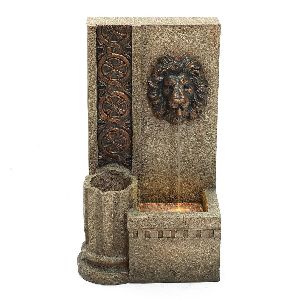 25.8" H Sandstone Resin Regal Lion Head Floor Outdoor Water Fountain with Lights. Picture 2