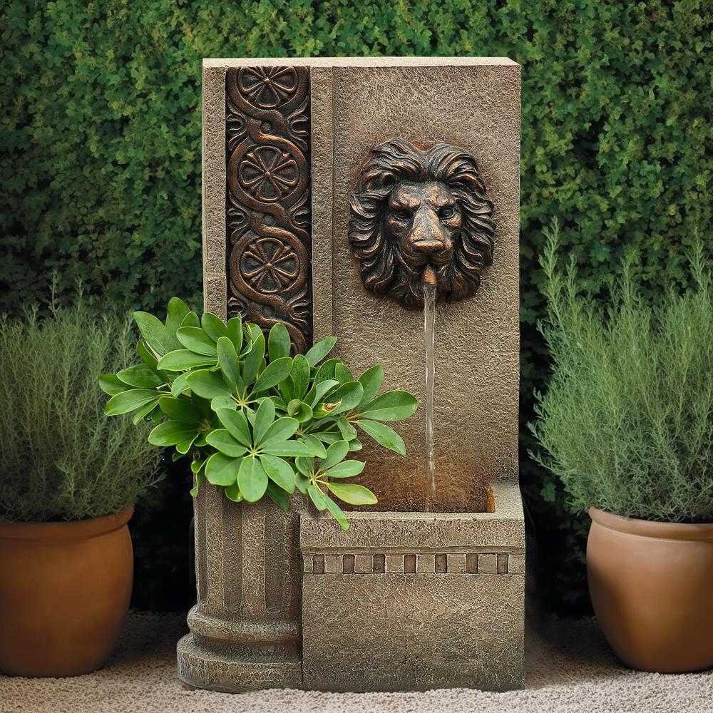 25.8" H Sandstone Resin Regal Lion Head Floor Outdoor Water Fountain with Lights. Picture 6