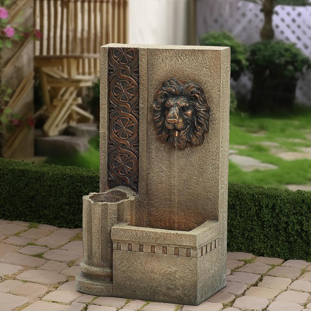 25.8" H Sandstone Resin Regal Lion Head Floor Outdoor Water Fountain with Lights. Picture 7