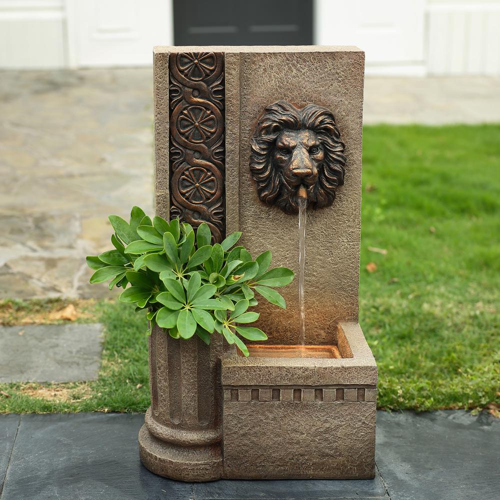 25.8" H Sandstone Resin Regal Lion Head Floor Outdoor Water Fountain with Lights. Picture 8