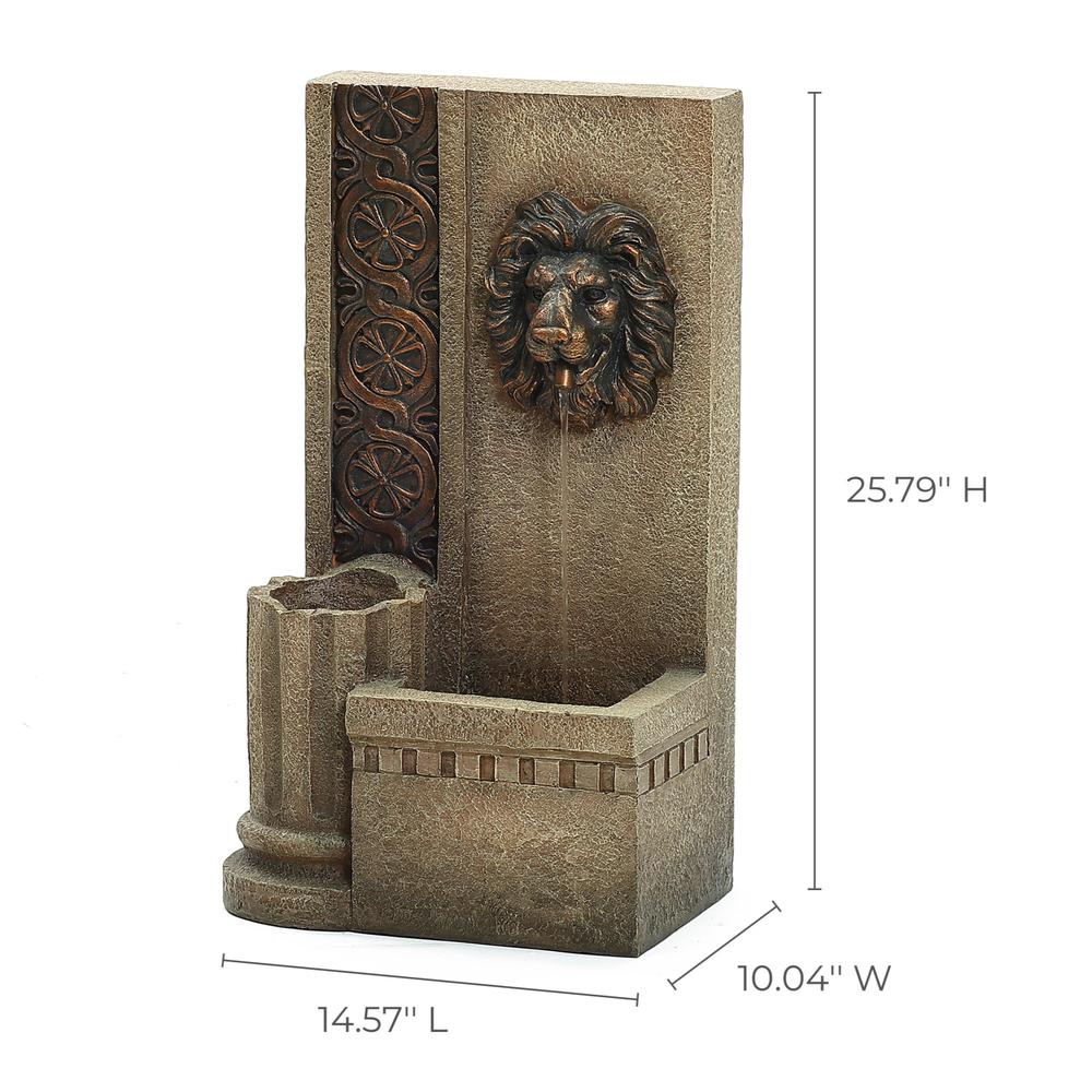 25.8" H Sandstone Resin Regal Lion Head Floor Outdoor Water Fountain with Lights. Picture 9