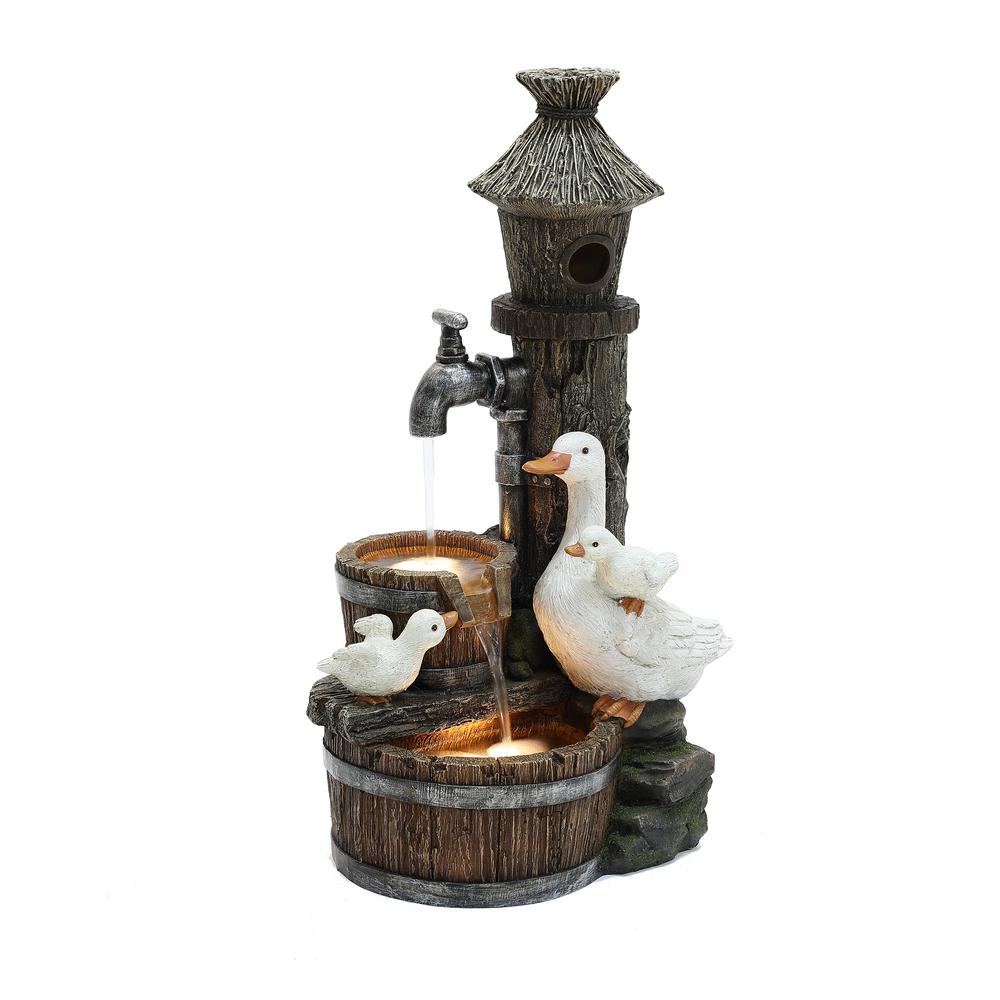 27.2" H  Resin Farmhouse Ducks and Birdhouse Outdoor Water Fountain with Lights. Picture 1