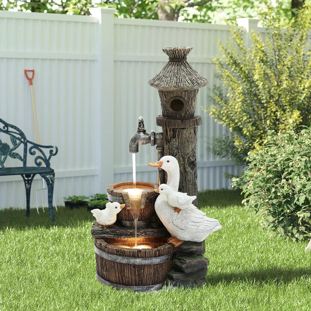 27.2" H  Resin Farmhouse Ducks and Birdhouse Outdoor Water Fountain with Lights. Picture 3